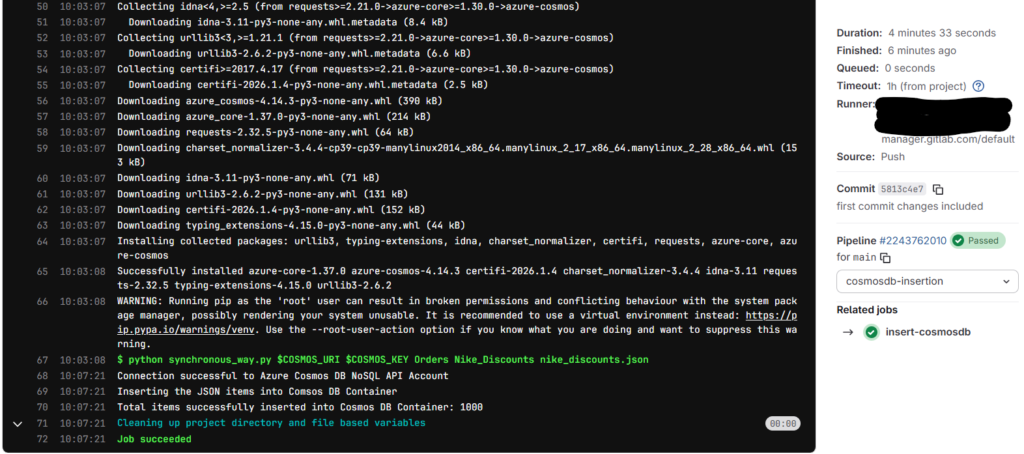 Gitlab output and time taken to insert the data
