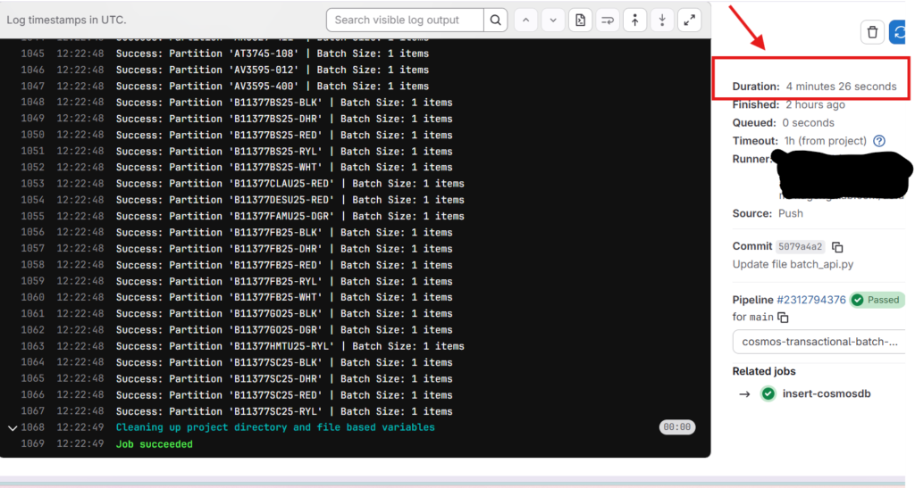 Pipeline output of time taken to insert into cosmos db