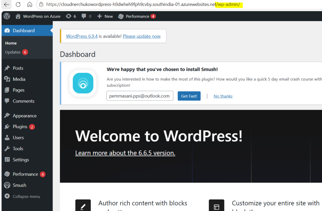 WordPress admin dashboard page