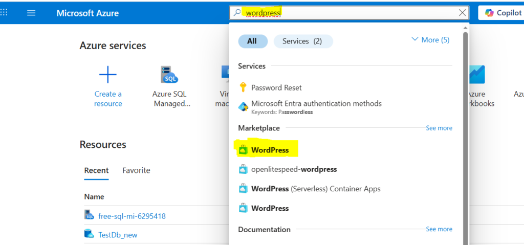Searching WordPress in Azure Cloud