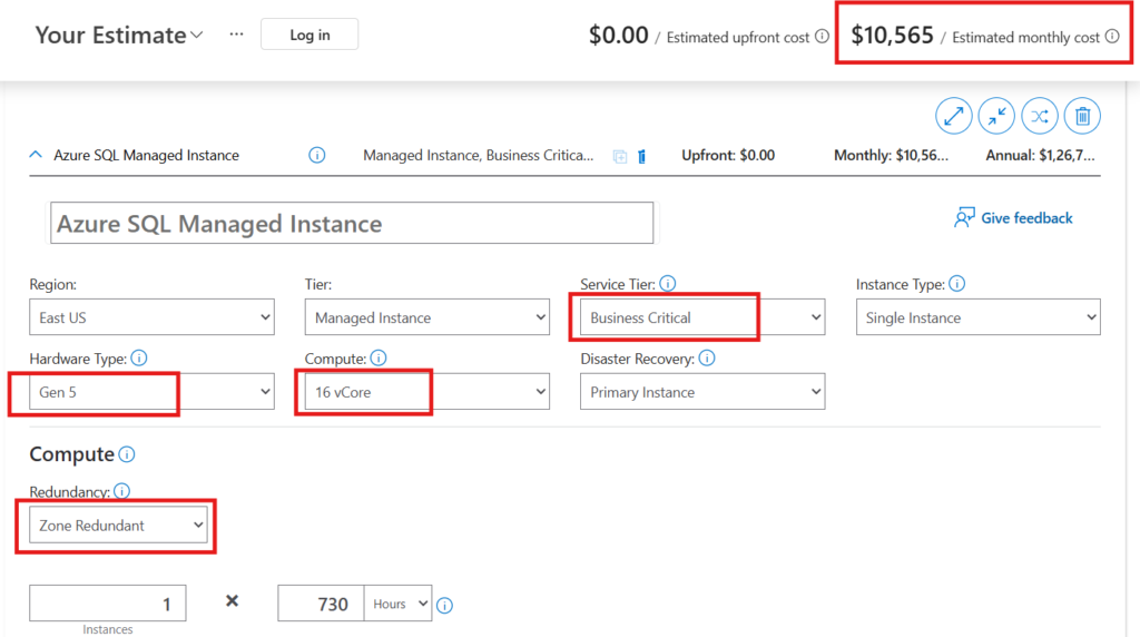 Monthly cost of Azure SQL MI with ZRS and 16vcore Business critical service tier.