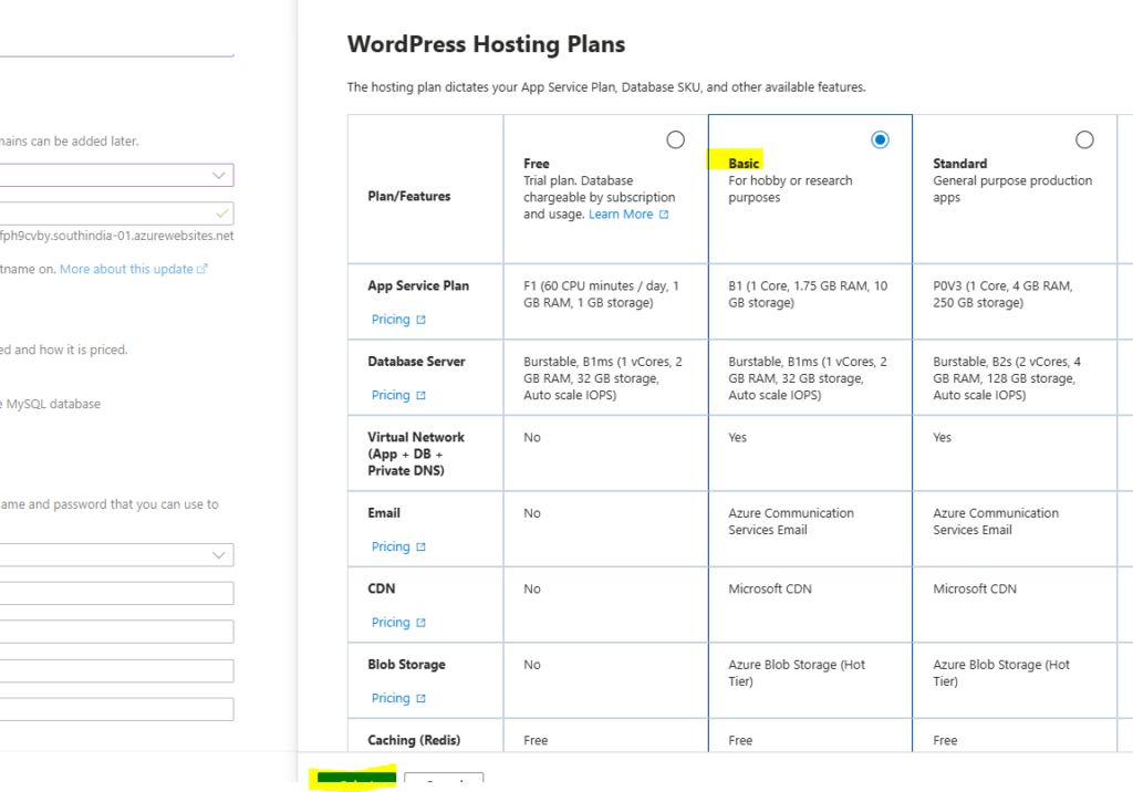 Basic Hosting Plan fr Azure WordPress