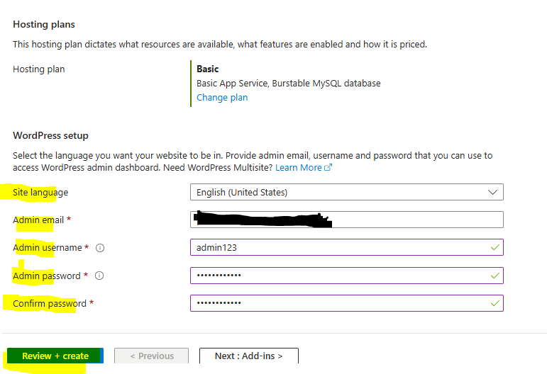 Fill site language, admin name and password for WordPress 