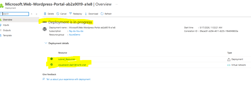 Deployment is currently underway for Azure WordPress with a custom domain.