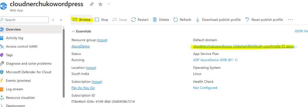 Azure WebApp with WordPress essentials tab
