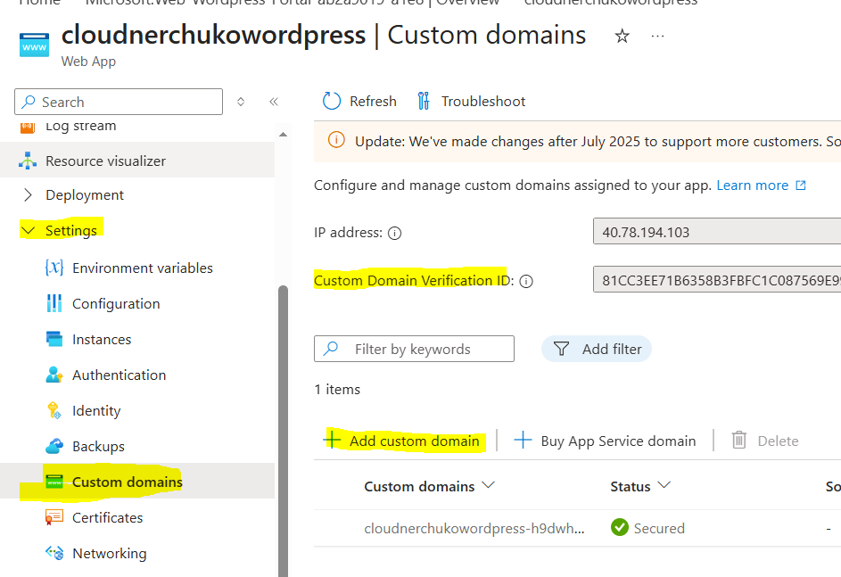 Add Custom Domain in Azure WordPress
