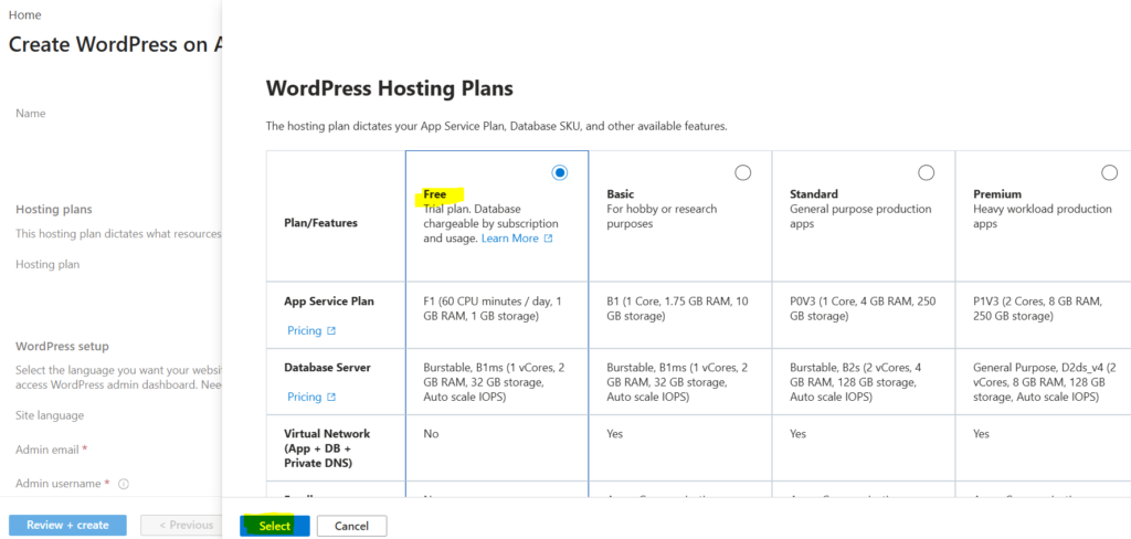 WordPress Hosting Plans in Azure app service plan