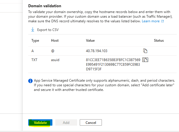Validate DNS records for a custom domain in Azure Portal.