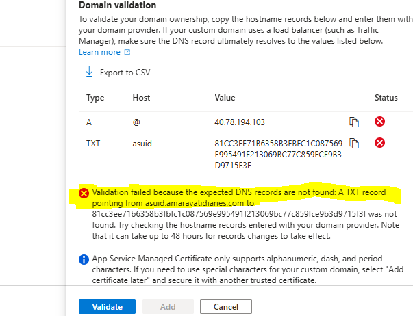 TXT record validation error in Azure WordPress