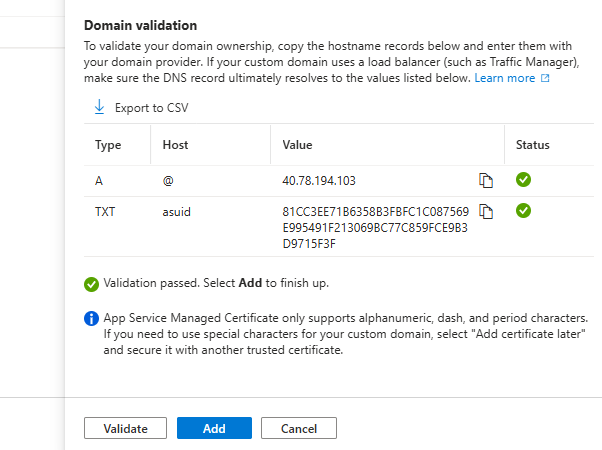 DNS records validated in Azure WordPress for the custom domain.