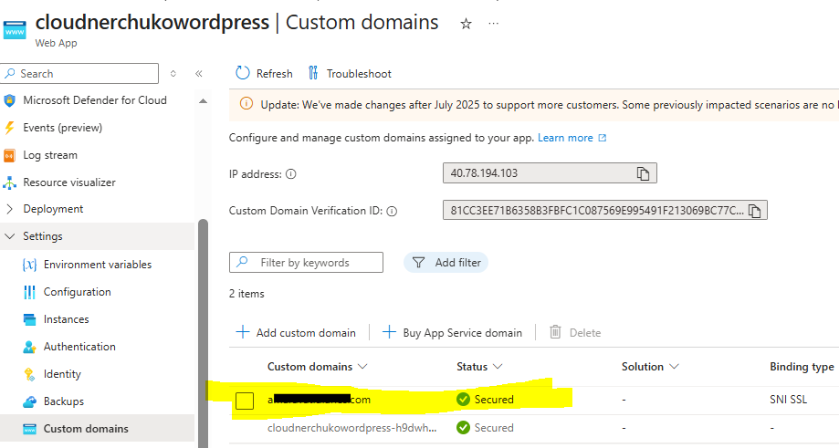 Custom domain succeeded in Azure WordPress with SSL binding