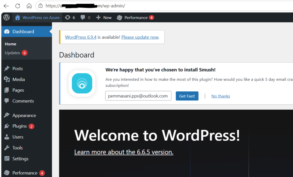 WordPress custom domain admin dashboard deployed on Azure 