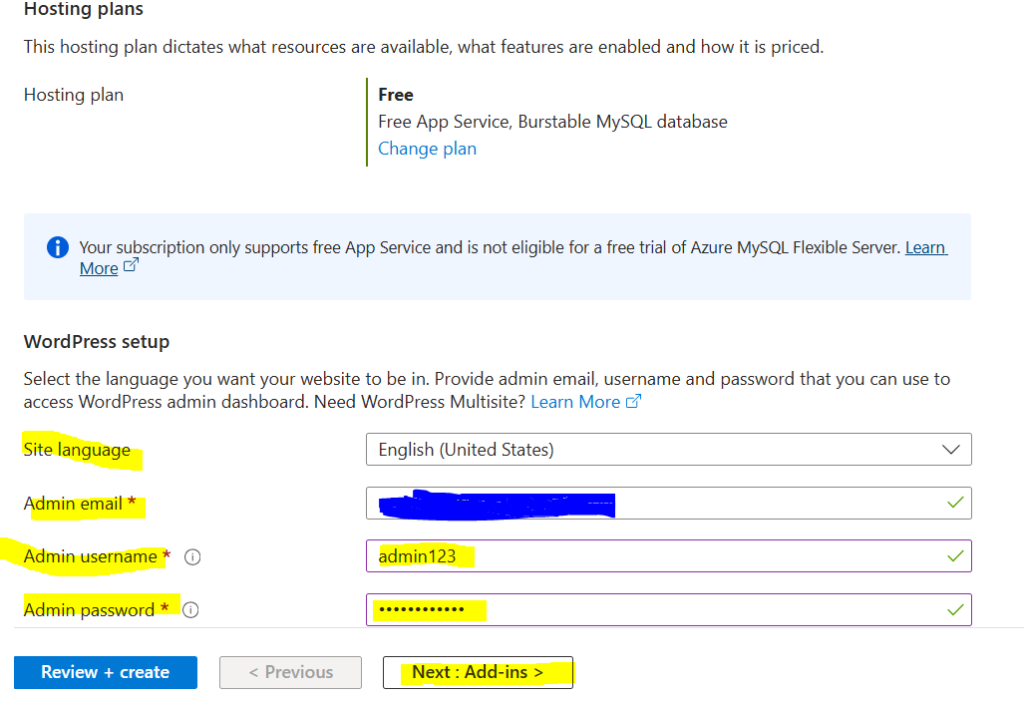 Selecting admin details for WordPress and Site Language 