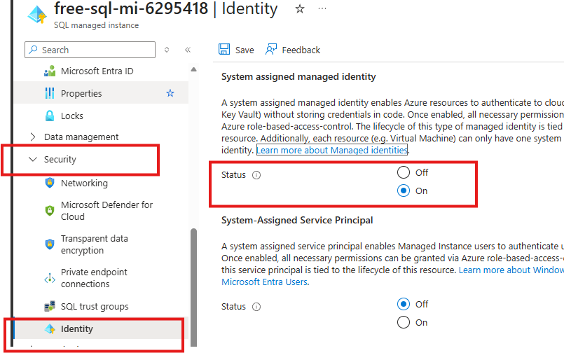 System assigned identity not turned on in Azure SQL MI