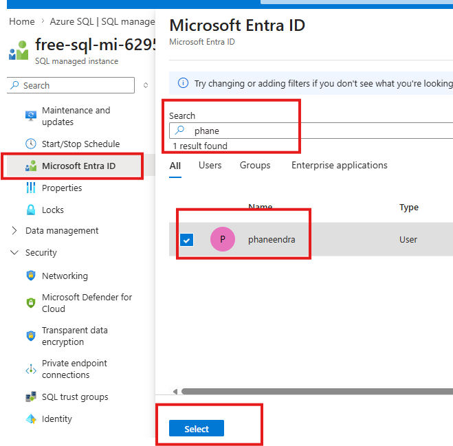 Select the user or group name as Entra Admin in SQL MI in Azure Portal