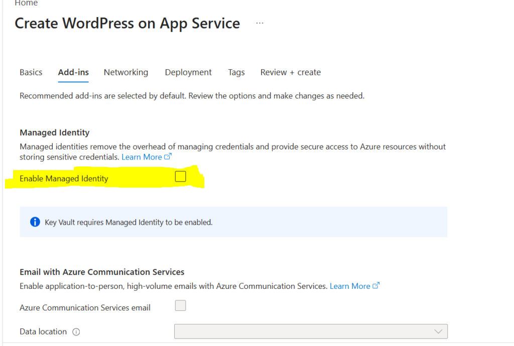 Turning UAMI (Managed Identity) to off in Azure WordPress 