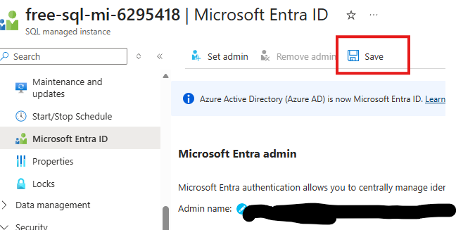 Save the changes for Entra ID in Azure SQL MI