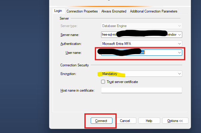 Enter username in SSMS for Entra connectivity and click on connect button.