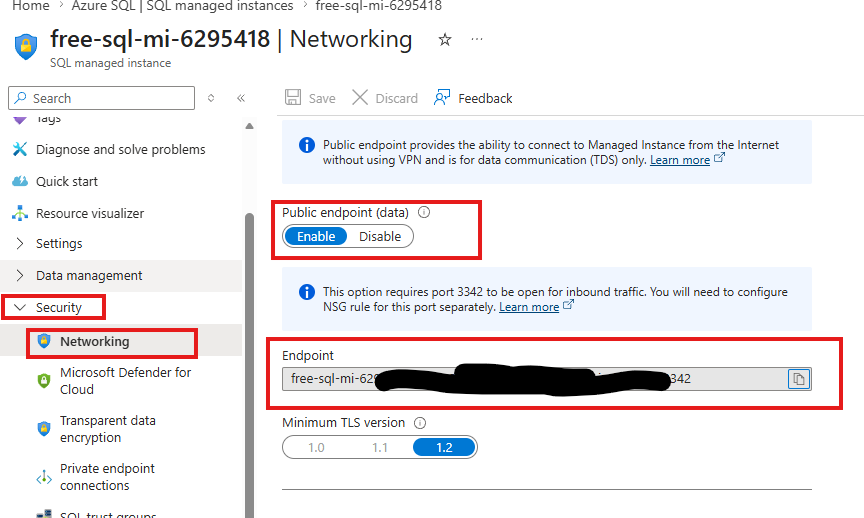 Copy the Public endpoint of SQL MI from Azure Portal