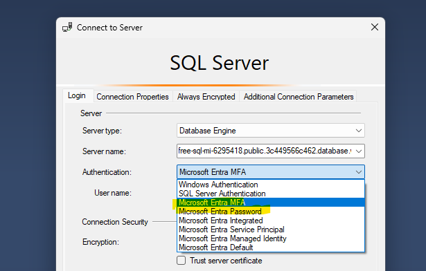 Select Entra MFA or Entra Password as options to connect to SQL MI
