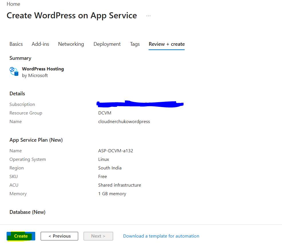 Review+ Create page for WordPress on Azure Cloud