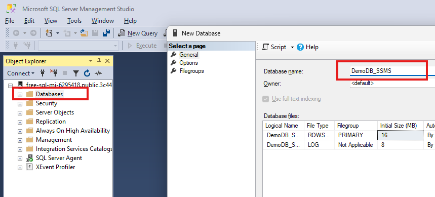 DemoDB_SSMS database creation in SSMS tool