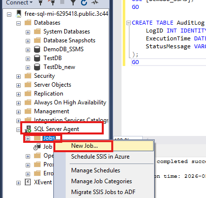 Create a new agent job in SSMS tool Azure SQL MI