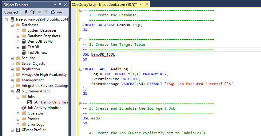 T-SQL script to create a database, table and an agent job with schedule