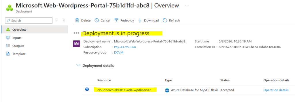 WordPress deployment resource is in-progress