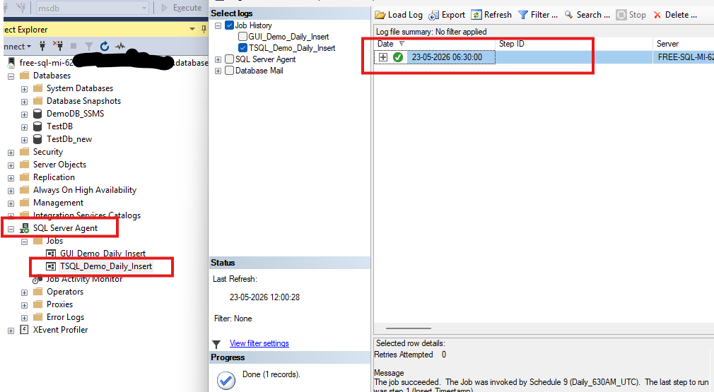Agent Job ran successfully using T-SQL Script in Azure SQL MI using SSMS