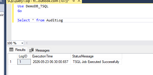 A record inserted into AuditLog table in SSMS using SQL MI Agent job