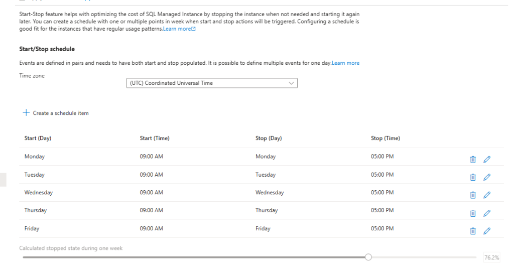 SQL MI Start/Stop schedule in Azure Portal