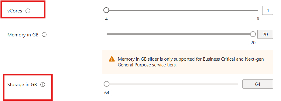 SQL MI vcore count and storage size in a SQL MI single instance