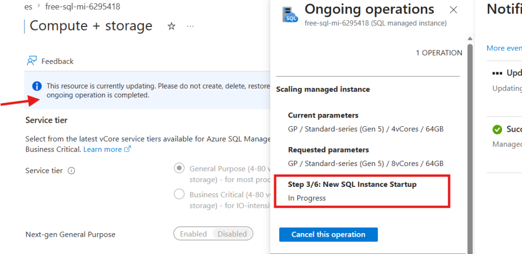Ongoing operation status check in SQL MI vCores scaling up activity