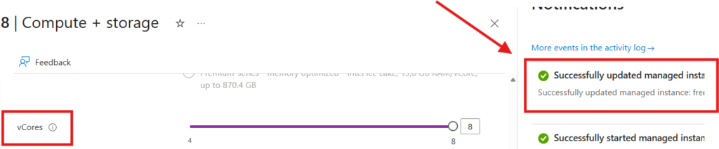 SQL MI scaling vCores from 4 to 8 completed in Azure Portal.