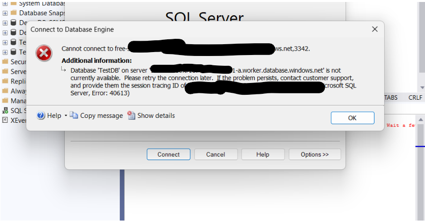 SQL MI database connection error during vcore scaling up operation.