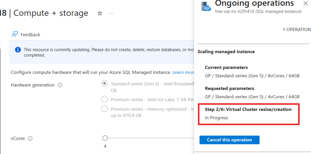 Ongoing operation status check in SQL MI vCores scaling down activity