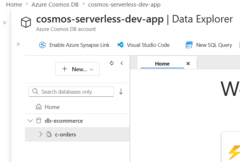 Azure Portal Cosmos db serverless account verification of container and database after creating using azure cli