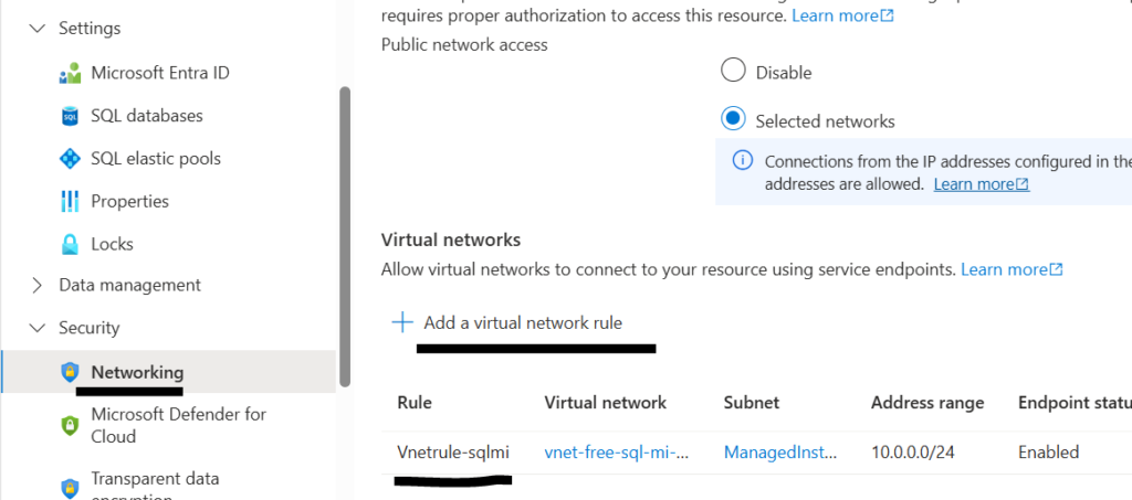 Add a virtual Network Rule to allow SQL MI subnet to access Azure SQL DB