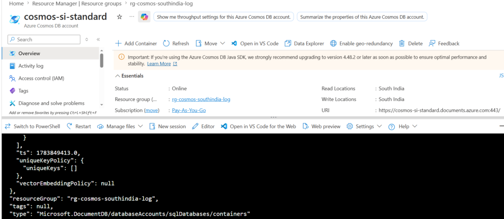 Azure Cosmos DB NoSQL API standard throughput 400 RU/s single region write account visible in Azure Portal deployed via Azure CLI