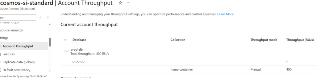 Created a database and container in the Cosmos DB NoSQL API with 400 RU/s using the Azure CLI.