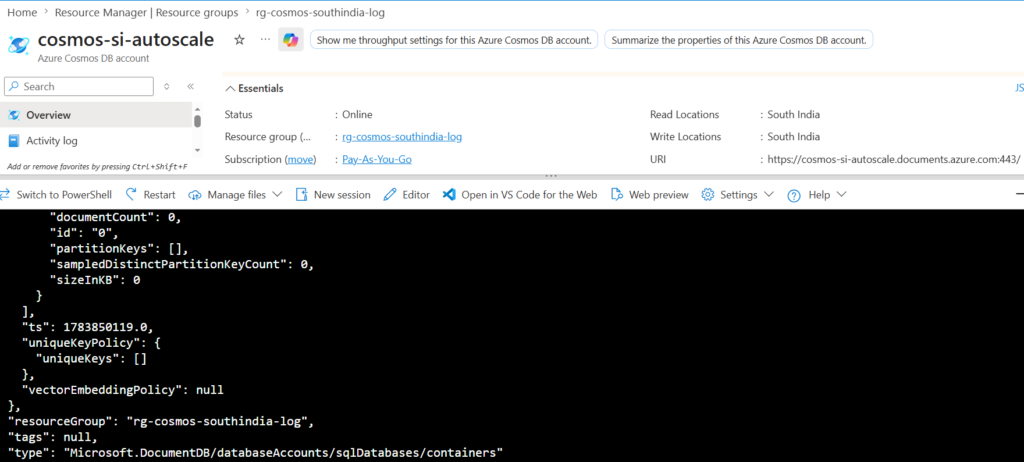 Azure Cosmos DB NoSQL API AUTOSCALE throughput max 1000 RU/s and minimum 100RU/s single region write account visible in Azure Portal deployed via Azure CLI