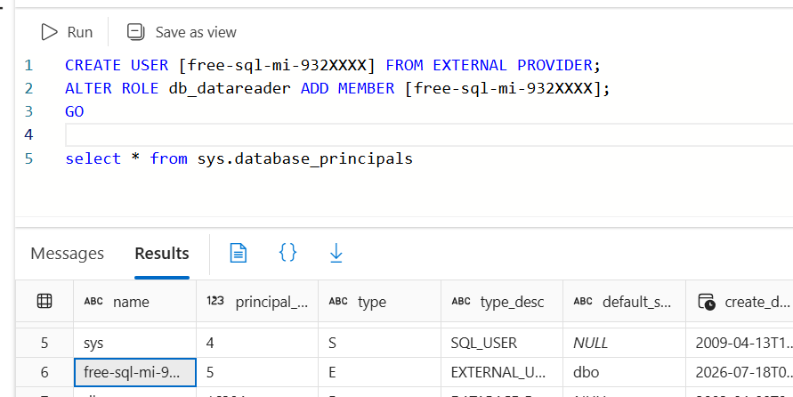 Creating a contained user in Azure SQL Database through the Query Editor, using the SQL Managed Instance system identity for linked server connectivity.