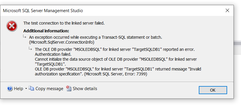 Error message "Invalid authorization specification". (Microsoft SQL Server, Error: 7399) in SQL Managed Instance