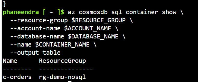 Azure Cosmos DB container verification using Azure Cloud Shell