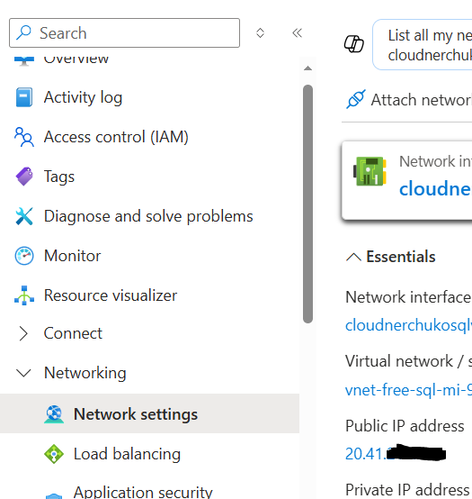 Azure Portal window showing the **Network settings** section for a virtual machine. The left sidebar lists options like *Overview*, *Activity log*, and *Networking*, with *Network settings* highlighted. On the right, the **Essentials** panel displays the VM’s network interface, virtual network, and public IP address details.