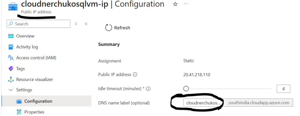 Azure Portal configuration page for a public IP resource named cloudnerchukosqlvm‑ip.