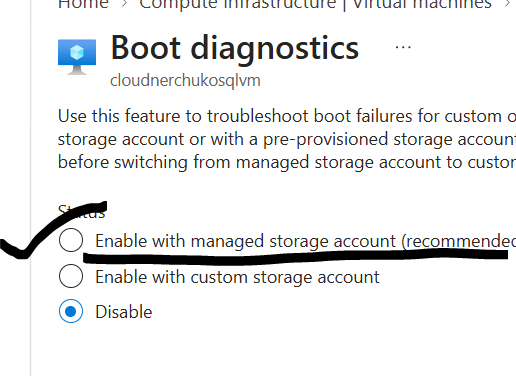 Enable with managed storage account (recommended) — marked with a black check mark.
