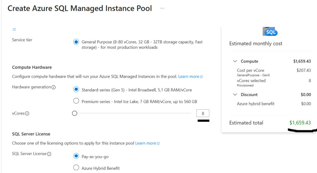 Azure SQL MI instance pool minimum vcores 8